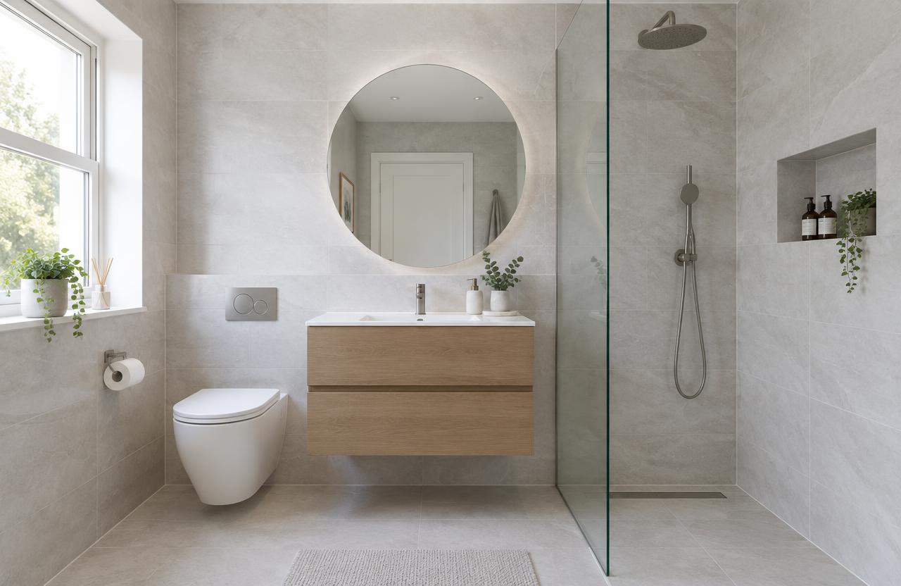 Bagno dopo la ristrutturazione: gres effetto pietra, doccia filo pavimento e mobile in legno