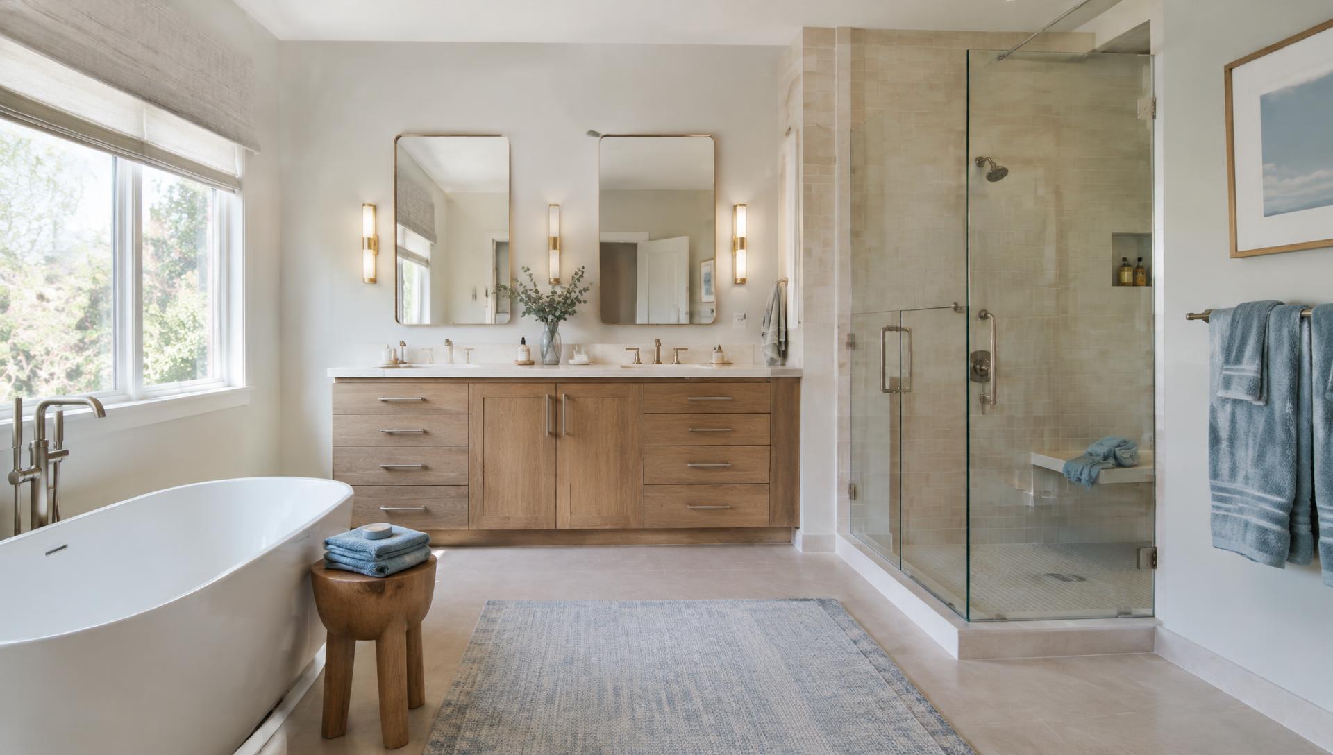 Bagno contemporaneo luminoso con mobile in legno, doccia in vetro e pietra chiara
